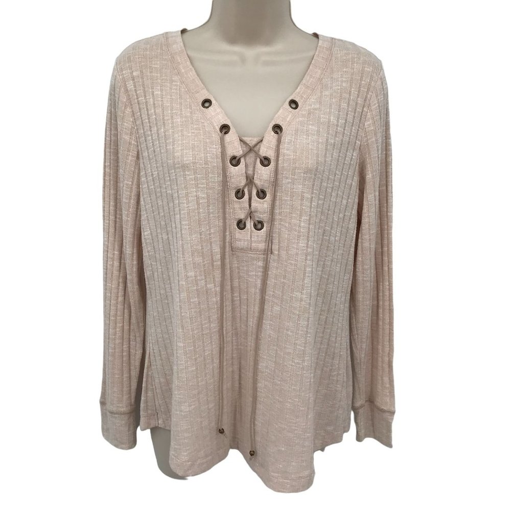 Vintage America Womens Lace Up Front Ribbed Knit Blouse Top Size Medium